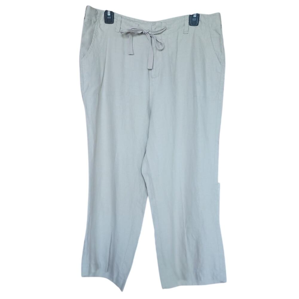 St. John's Bay 100% Linen Beige Pants Drawstring Waist Large Pockets Women's 14
